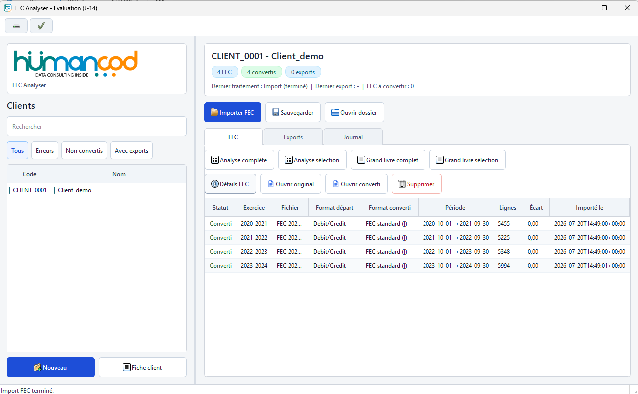 Interface du logiciel FEC Analyser